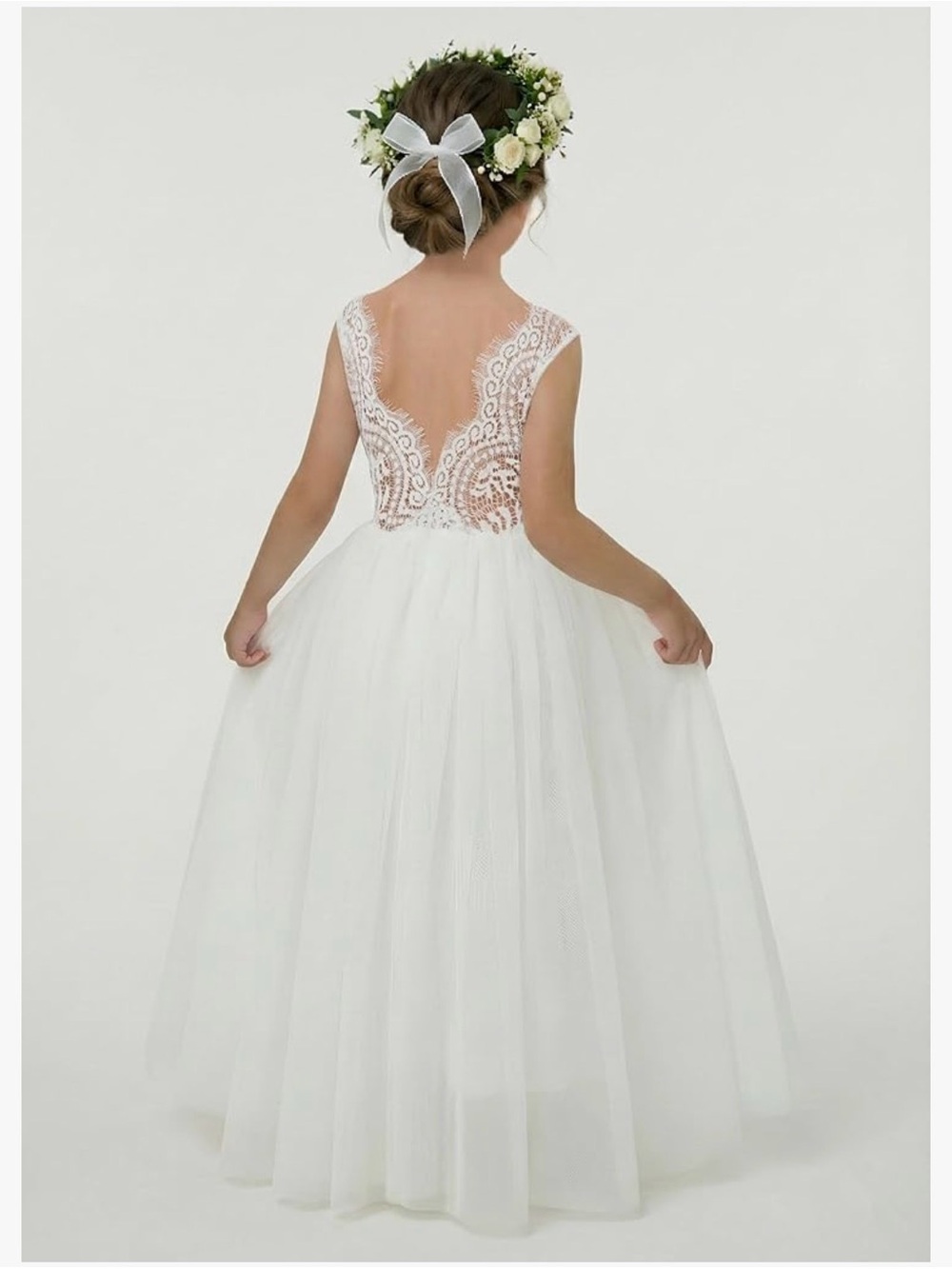 Girls' White Lace & Tulle Dress - Elegant Party Dress